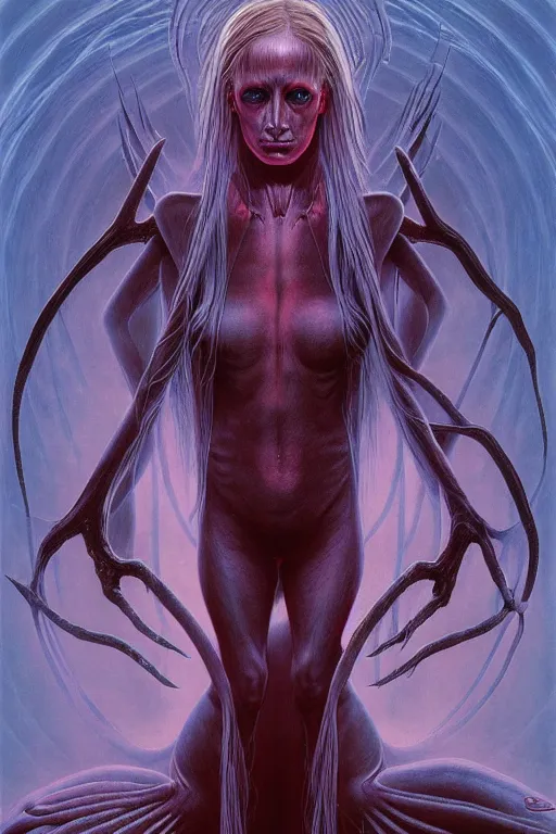 Prompt: female demon in the wild nature, dressed, blonde hair, symmetry, sci - fi, dark fantasy, by wayne barlowe