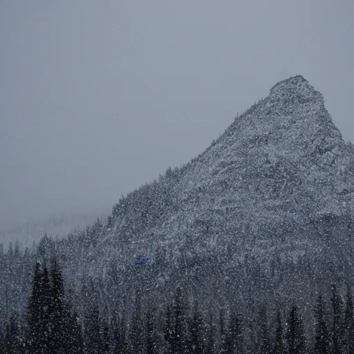 Image similar to a monolithic mountain in a taiga. overcast sky, snowing.