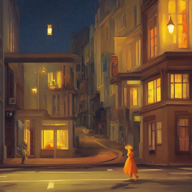 Image similar to a storybook illustration of a trash flying through empty street at night, fireflies, quiet night scene painted by Edward Hopper masterpiece, intricate, elegant, fantasy, highly detailed, digital painting, concept art, sharp focus, artstation