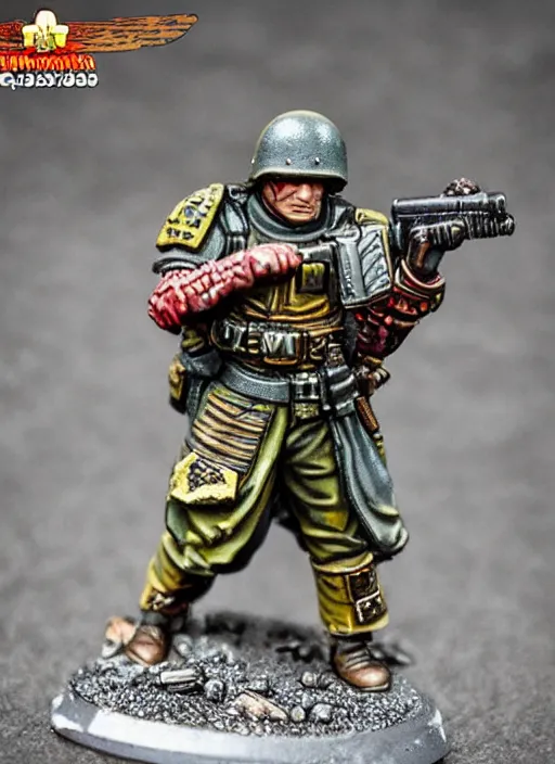 Image similar to 8 0 mm resin detailed miniature of a warhammer 4 0 k wounded catachan soldier, carrying huge sniper, product introduction photos, 4 k, full body