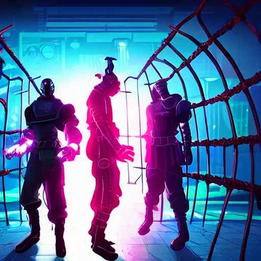 Image similar to sci-fi cyberpunk street samurai neon lights, fighter pose, inside fight cage, realistic, 8k, full body, katana, baggy clothes