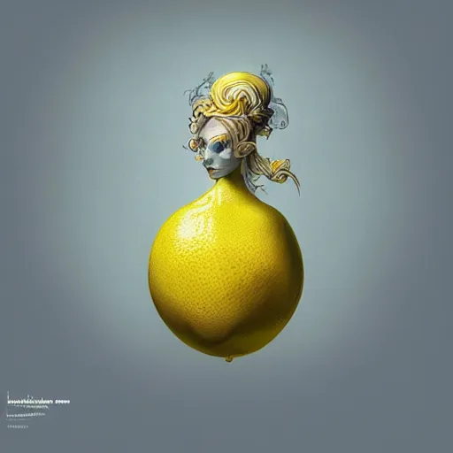 Image similar to the portrait of a lemon that resembles an absurdly beautiful, graceful, elegant, sophisticated, lovely young woman, an ultrafine hyperdetailed illustration by kim jung gi, irakli nadar, intricate linework, bright colors, octopath traveler, final fantasy, unreal engine 5 highly rendered, global illumination, radiant light, detailed and intricate environment