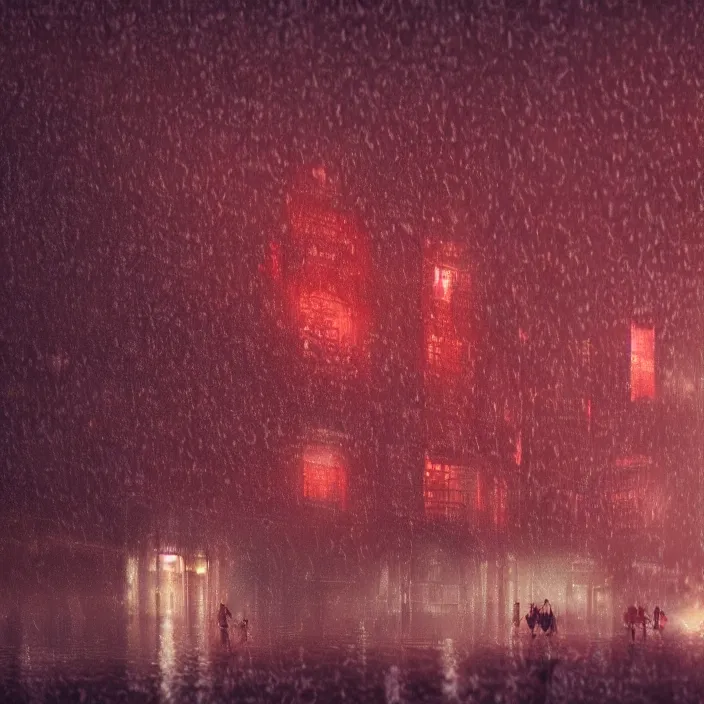 Image similar to a person enveloped in red silk cloth that blows in the wind stands in a dytopian highly detailed city at night, with volumetric lights in the distance and heavy rain falling. atmospheric light, rendering, octane, redshift, artstation