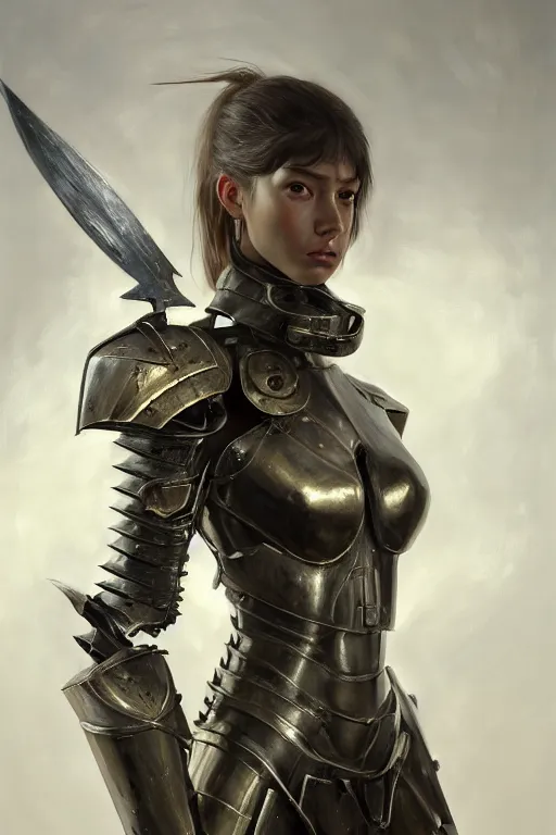 Image similar to a photorealistic painting of an attractive young girl, partially clothed in metal-plated battle armor, olive skin, long dark hair, beautiful bone structure, symmetrical face, perfect eyes, intricate, elegant, digital painting, concept art, illustration, sharp focus, minimal artifacts, from Metal Gear, in the style of Ruan Jia and Mandy Jurgens, by Greg Rutkowski, trending on Artstation, award winning