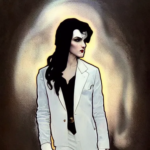 Image similar to beautiful portrait of androgynous ruby rose as desire from sandman in a white tuxedo!!!, rockabilly style,, by alphonse mucha, by jeremy mann, by peter lindbergh, dave mckean, by cedric peyravernay, white suit and black tie, soft lightning, high detailed, 8 k