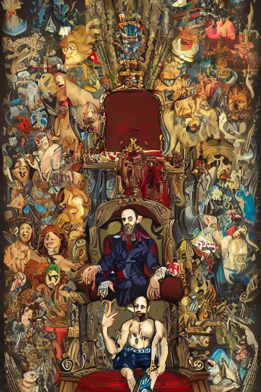 Prompt: a man sitting in a throne, surrounded by your alternative personalities in lowbrow art style