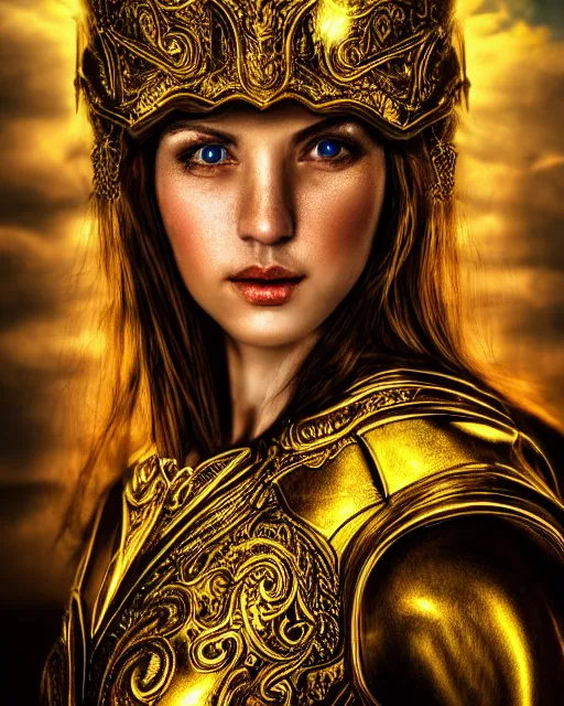 Image similar to airbrush portrait of woman in shining golden armor, high production value, intricate details, high resolution, hdr, high definition, masterpiece, realistic, ultrarealistic, highly detailed, hd, sharp focus, non blurry, sharp, smooth