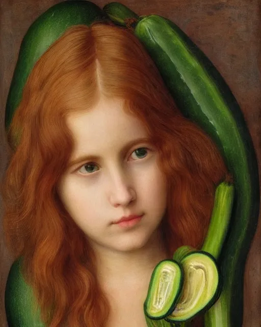 Prompt: Pre-Raphaelite portrait of a young, beautiful girl with short blond-hair and grey eyes holding a courgette