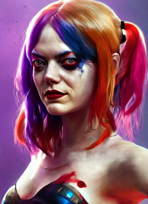 Prompt: biopunk portrait of emma stone as harley quinn, hyper detailed, digital art, trending in artstation, cinematic lighting, studio quality, smooth render, unreal engine 5 rendered, octane rendered, art style by klimt and nixeu and ian sprigger and wlop and krenz cushart.