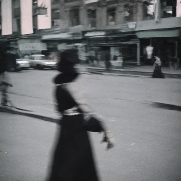 Prompt: analog medium format film motion blur portrait of walking woman in harlem, 1 9 6 0 s hasselblad film street photography, featured on unsplash, photographed on vintage expired colour film