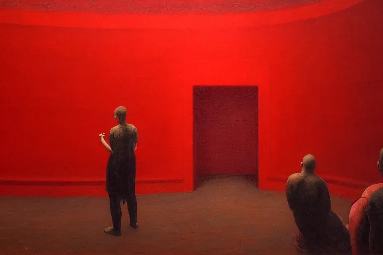 Image similar to only with red, crowd screaming, an exposed painting in a roman theater, in the style of beksinski, parts by edward hopper, parts by rodcenko, parts by yue minjun, intricate and epic composition, red by caravaggio, insanely quality, highly detailed, masterpiece, red light, artstation, 4 k