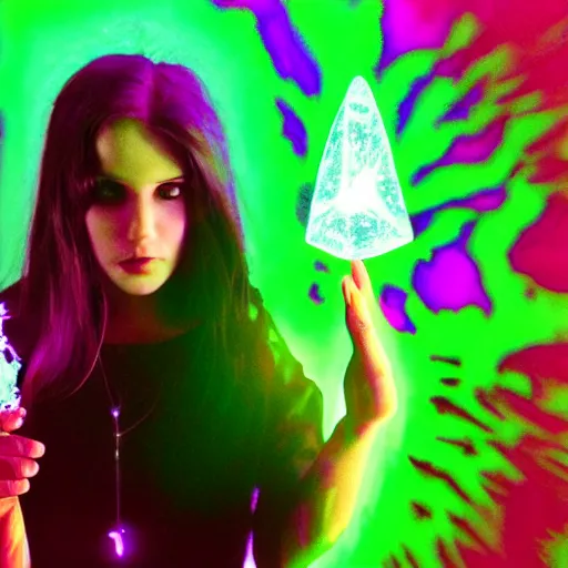 Prompt: beautiful witch holding a glowing crystal, insane colors deep acid trip, film still