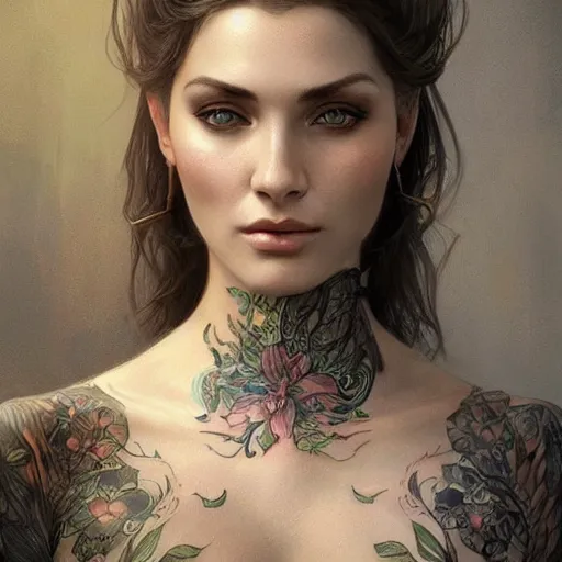 Prompt: ultra realistic illustration, a hot and beautiful tattooed slavic woman in her 3 0's, intricate, elegant, highly detailed, digital painting, artstation, concept art, smooth, sharp focus, illustration, art by artgerm and greg rutkowski and alphonse mucha