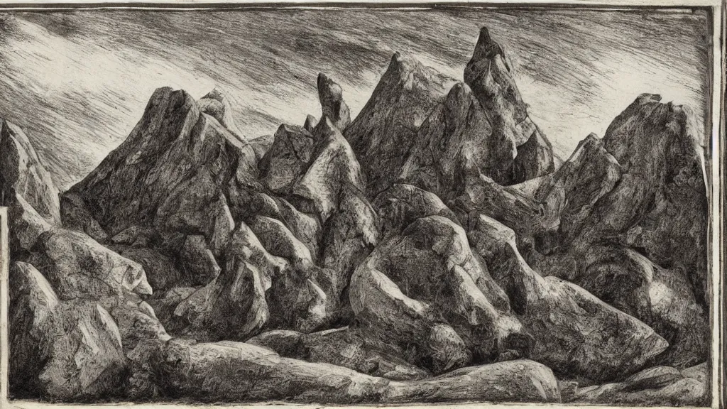 Image similar to a medieval chiaroscuro lithograph of a colossal abstract granite sculpture garden by kurt seligmann and henry moore and edward steichen, on a lawn, distant mountains, the merely beautiful bore me to death