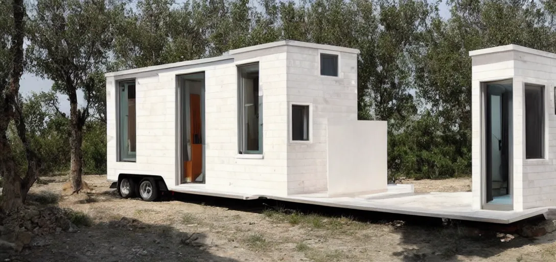 Image similar to greek tiny house on trailer made of marble designed by iktinos and callicrates.