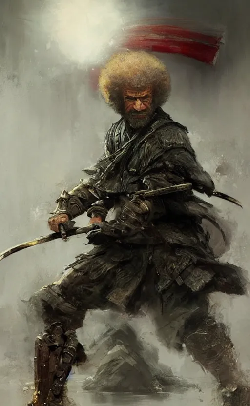 Image similar to full body shot Samurai Bob Ross realistic detailed portrait by Raymond Swanland and Ruan Jia