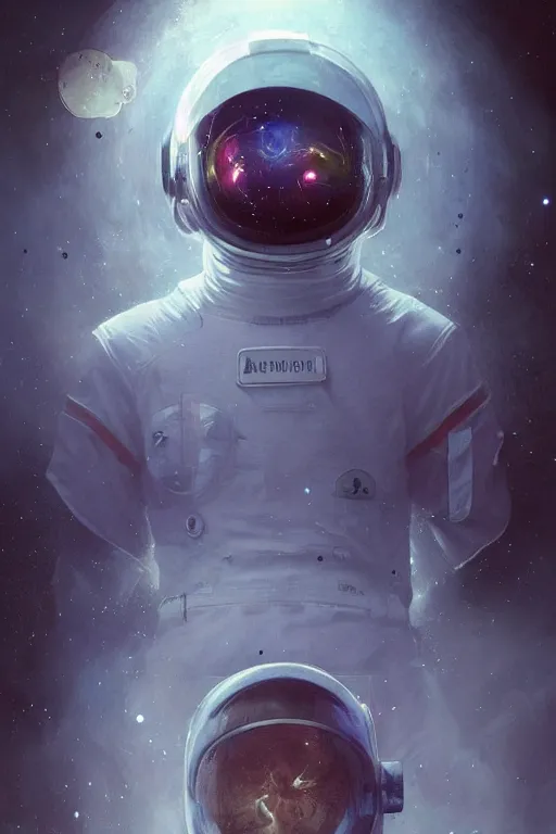 Prompt: the look of an astronaut musician with a cracked helmet and imperfections by artgem and greg rutkowski, highly detailed, high contrast, light reflection, trippy, nebula, trending on artstation