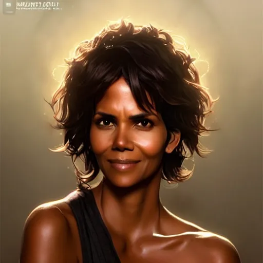 Image similar to halle berry, cg animation, riot entertainment realistic, character select portrait, by artgerm, greg rutkowski, alphonse mucha, 3 d