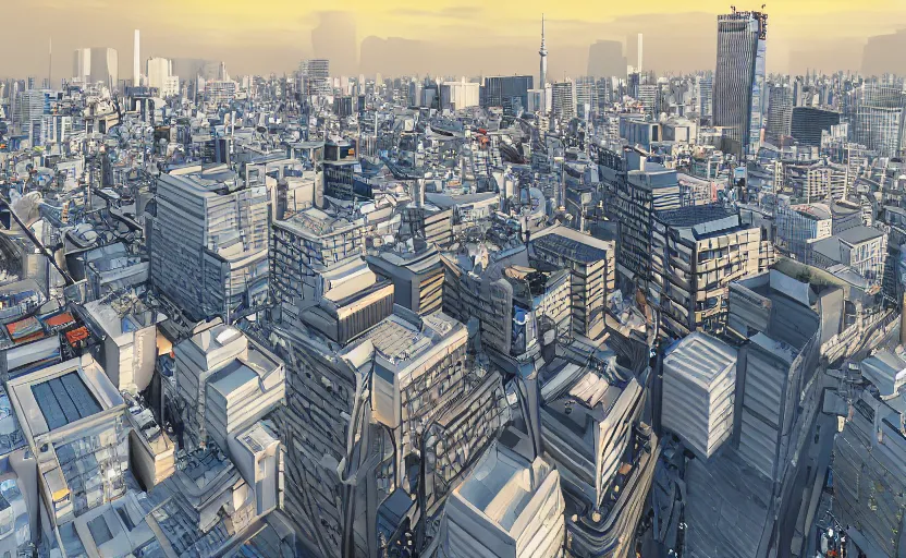 Prompt: blender render of tokyo city from a rooftop view, sunset lighting, unreal engine, hyper realism, realistic shading, cinematic composition, octane render, hdr, detailed textures, photorealistic, ultrawide shot, 1 6 mm lens