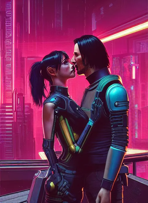 Image similar to a cyberpunk 2077 couple portrait of Keanu Reeves & female android in final kiss,love,film lighting,by Laurie Greasley,Lawrence Alma-Tadema,Dan Mumford,artstation,deviantart,FAN ART,full of color,Digital painting,face enhance,highly detailed,8K,octane,golden ratio,cinematic lighting