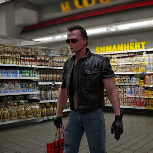 Prompt: the terminator buying stuff at the supermarket, unreal 5, hyperrealistic, octane render, cosplay, RPG portrait, dynamic lighting