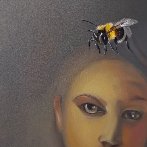 Image similar to an oil painting of a bee with human face