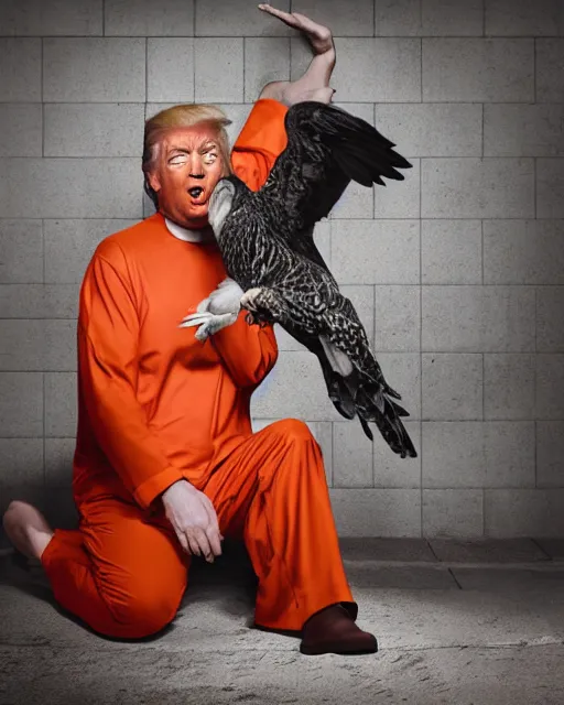 Image similar to Medium Shot Donald Trumps wearing orange pajamas in jail and an american eagle is attacking and biting his head, octane, dramatic lighting, editorial photo, 35mm, very detailed