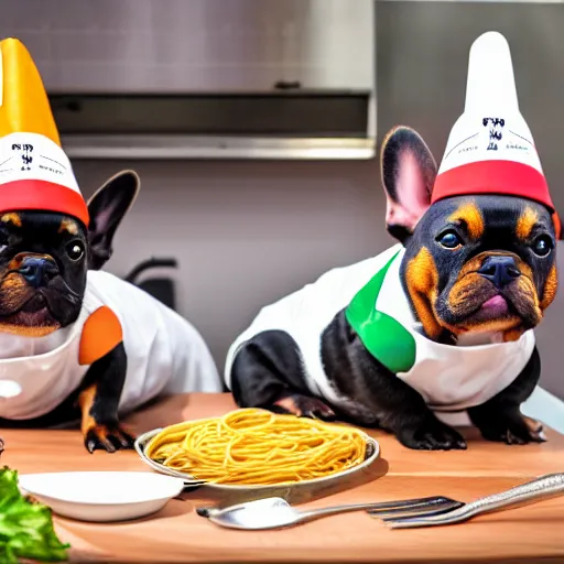 Image similar to a 8k highly detailed still photo by Anne Geddes of Two multi-colored French Bulldogs in chef hats and aprons starring on a cooking show, a plate of spaghetti is prepared, a high end restaurant kitchen in the background, bokeh