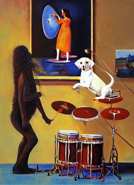 Image similar to dog playing drums, looking at a girl, large scale painting by robert mccall and vladimir kush