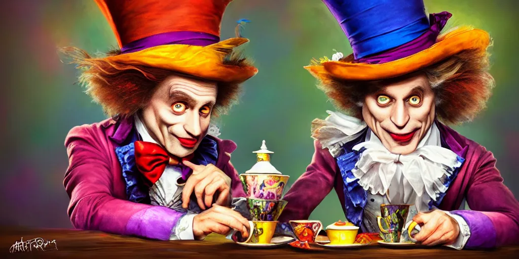 Image similar to The Mad Hatter, teaparty, alice in wonderland, colorful, wide angle, super highly detailed, professional digital painting, artstation, concept art, smooth, sharp focus, no blur, no dof, extreme illustration, Unreal Engine 5, Photorealism, HD quality, 8k resolution, cinema 4d, 3D, beautiful, cinematic, art by artgerm and greg rutkowski and alphonse mucha and loish and WLOP