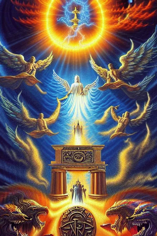 Prompt: a photorealistic detailed cinematic image of guardian spirits guiding a departed soul crossing the ornate portal to the afterlife. powerful, triumph, glory, astonishing, met by friends and family, overjoyed, by pinterest, david a. hardy, kinkade, lisa frank, wpa, public works mural, socialist