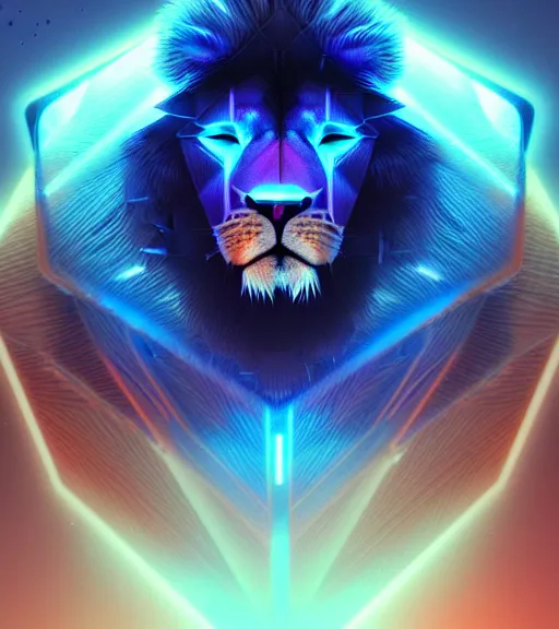 Prompt: aesthetic portrait commission of a of a male fully furry lion, solid cube of light, hard edges, product render retro - futuristic poster scifi, lasers and neon circuits, intricate, elegant, highly detailed, digital painting, artstation, concept art, smooth, sharp focus, illustration, dreamlike, art by artgerm