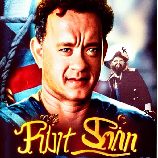 Prompt: a 8 0's movie poster with tom hanks as a pirate, the movie is called saving pirate ryan cinematic photo