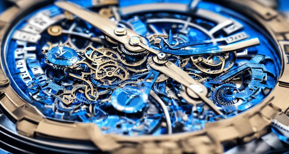 Prompt: complex 3 d render of a futuristic steampunk watch lying on a table, high detail, sharp focus, glowing blue interior components, fractal detail, depth of field, bokeh, cinematic lighting and composition, octane render, film grain, rolex, nordgreen, montblanc