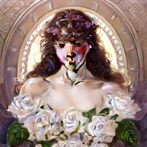 Image similar to perfectly detailed goddess princess of white roses!! blessed by nature with ever - increasing physical mental perfection, symmetrical! intricate, highly detailed, biblical divine holy perfection!! digital painting, artstation, concept art, smooth, sharp focus, illustration, art by artgerm and greg rutkowski and alphonse mucha