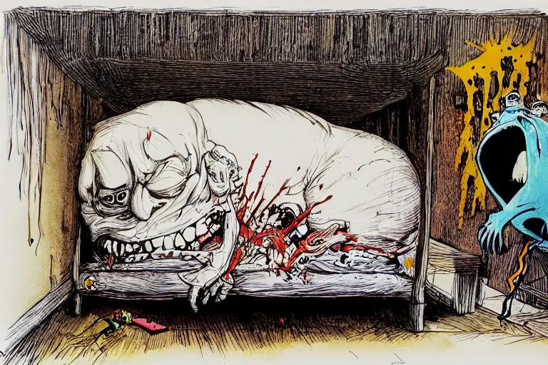 Prompt: monster hiding underneath my bed by ralph steadman