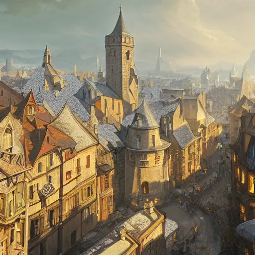 Image similar to an ultra detailed matte painting of the quaint town of galic, grid shaped city cobblestone streets, fantasy city, light snowfall, wind, inspiring gothic architecture, ultrawide lense, aerial photography, unreal engine, exquisite detail, 8 k, art by greg rutkowski and alphonse mucha