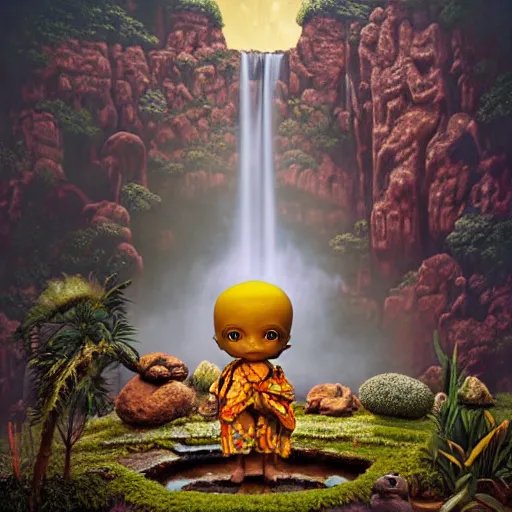 Image similar to wide angle dynamic portrait of a chibbi dogon priest in an african zen garden with a waterfall! and a golden ornate steampunk portal, amigurumi by mark ryden and todd schorr and mark davis and zdislaw beksinski in a surreal lowbrow style, digital paint, matte paint, vivid synthwave colors, breathtaking landscape