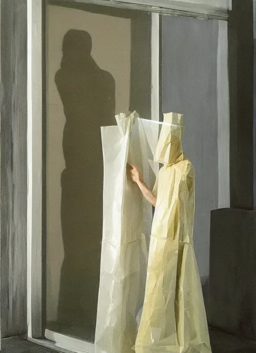 Prompt: man in a translucent dress made from plastic bag with paper bags for clothes standing inside paper bags with paper bag over the head at store display Edward Hopper and James Gilleard, Zdzislaw Beksinski, highly detailed