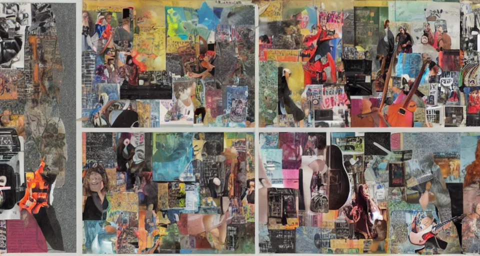 Prompt: mixed media collage, the retro Rockerz perform a concert outside the library