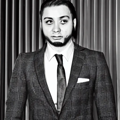 Image similar to a guy in a black suit with a checkered tie giving a vile smirk at the camera in a black and white photo ( realistic, photo realistic, high detailed, great quality )