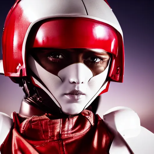 Image similar to headshot of an beautiful female soldier in glossy sleek white armor with tiny red details and a long red cape, downward angle, determined expression, on the surface of mars, night time, dramatic lighting, cinematic, sci-fi, hyperrealistic