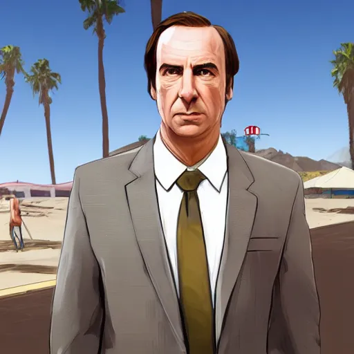 Image similar to Saul Goodman, GTA 5 loading screen, Santa Monica Beach, concept art