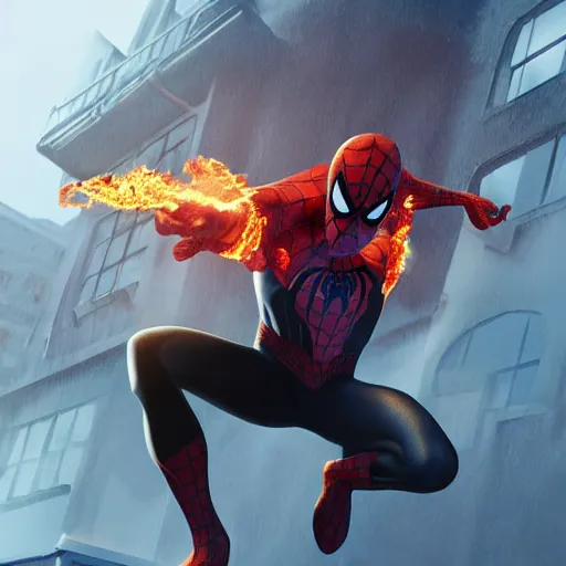 Prompt: concept render of a spiderman made of fire by cedric peyravernay and leon tukker