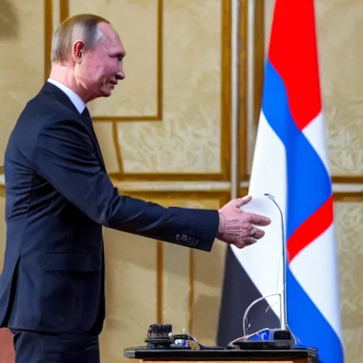 Prompt: telephoto candid cropped photo of billy herrington shakes hands with vladimir putin, press conference, zeiss 1 5 0 mm, sharp focus, natural lighting, ultra realistic, high definition 4 k photo, press photos, g 7 summit