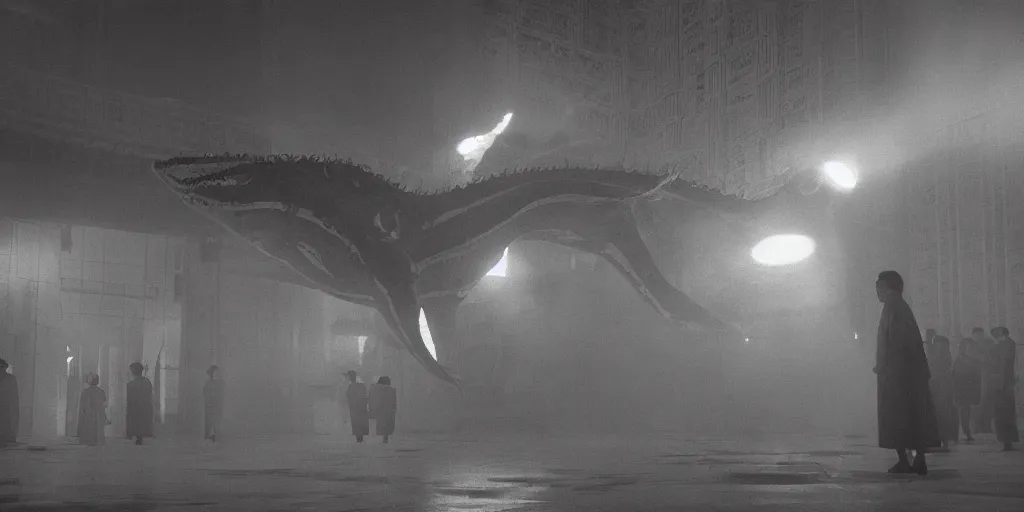 Image similar to light coming out of one bull - like kaiju starfish monster, korean film noir, korean traditional palace, pyongyang city, 1 9 6 0 s, red color bleed, 4 k, video compression, video glitch, monochrome, akira kurosawa, mamoru oshii, wes anderson, stanley kubrick