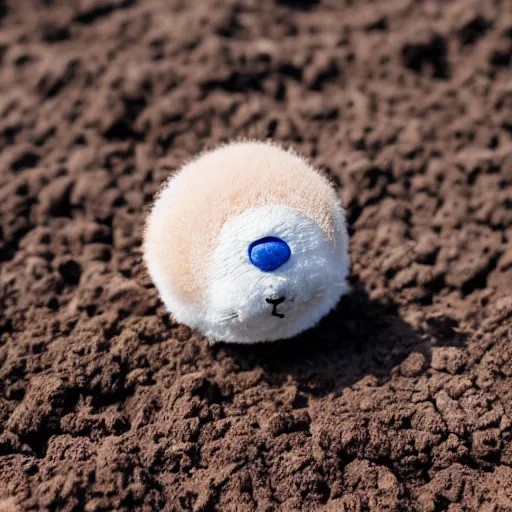 Image similar to photo of a small round creature made of dirt with round blue eyes and a round clown nose and a cute smile