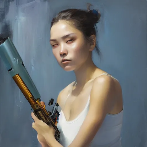 Prompt: girl holding a rocket launcher, expressive oil painting, by yoshitaka amano, by jeremy lipking, by artgerm, by wlop, digital art