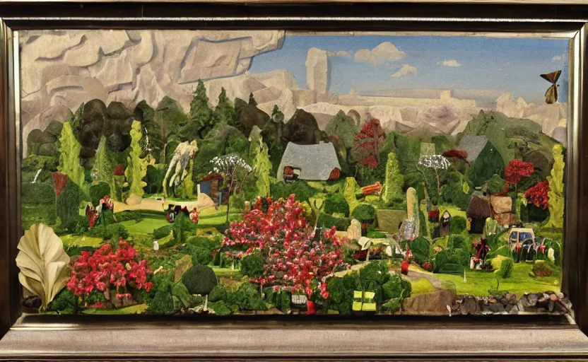 Prompt: a landscape painting, claymation, henri berthaut, art - deco, miner kilbourne kellogg, gardens, collage