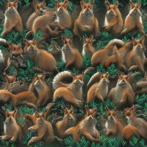 Image similar to ultra realist soft painting of an army of squirrels, symmetry accurate features, very intricate details, volumetric clouds, kawai world